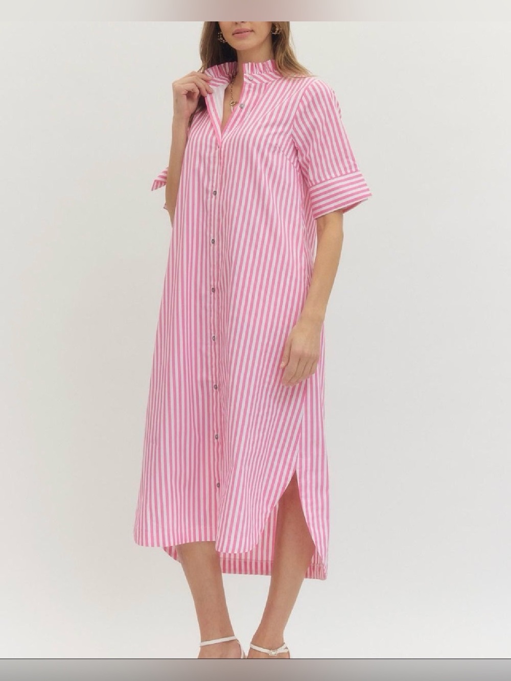 entro Pink and White Vertical-Strip Shirt Dress - Picture 2 of 6